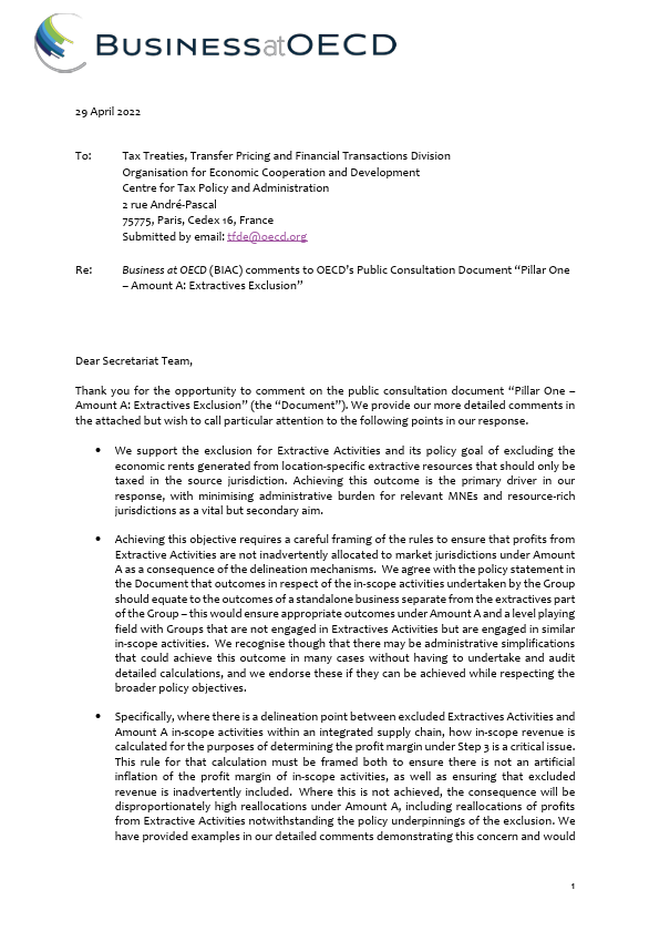 pillar one comment to extractive exclusion